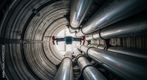 Advanced drone with propellers navigates complex industrial pipes, performing crucial inspection in tight spaces
