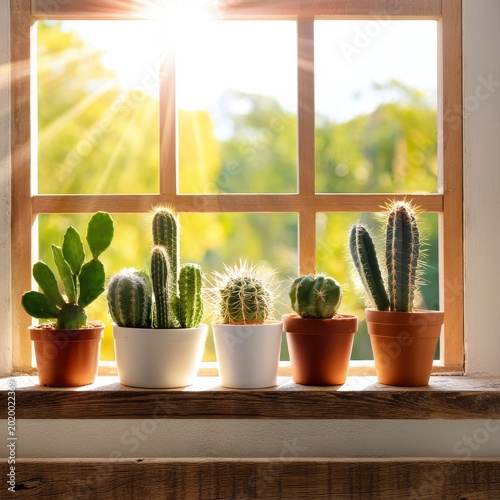 Sunlight Shines Through the Window Onto Potted Cacti in the Afternoon at Home
