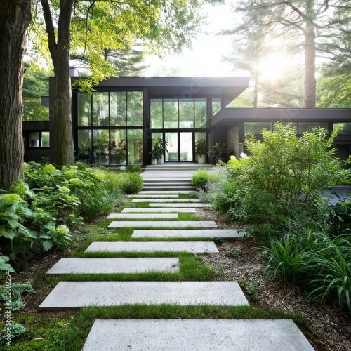 Walkway Leads to a Modern House in a Green Garden During the Day