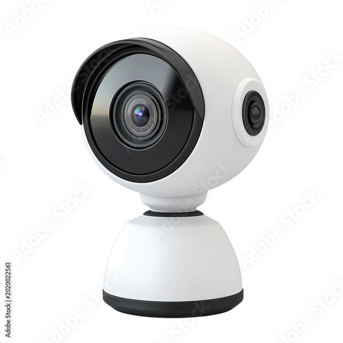 Modern smart security camera, white wireless IP surveillance device with wide-angle lens, home monitoring technology product isolated on Transparent Background