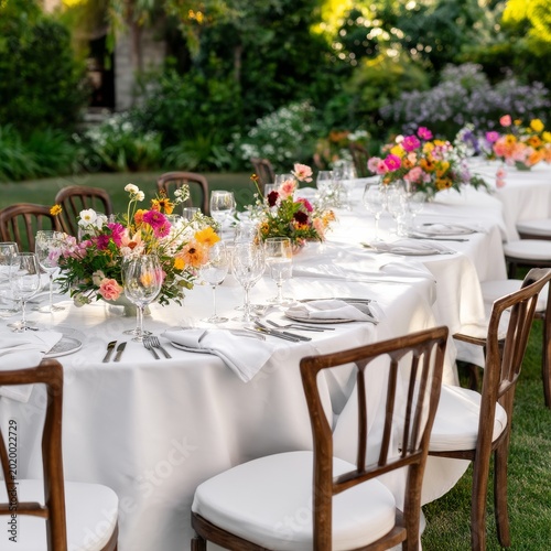 Outdoor Setting for a Gathering With Tables and Floral Arrangements Before Ev...