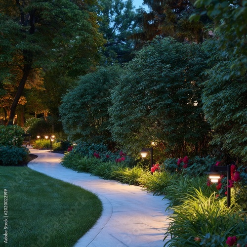 Walking Path Lined With Lights and Bushes in a Garden During Evening Hours