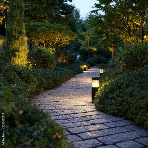 Walking Path Lined With Lights and Bushes in a Garden During Evening Hours
