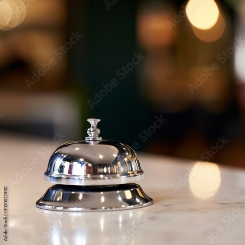Small Metal Bell Sits on a Marble Counter in a Busy Restaurant Setting During...