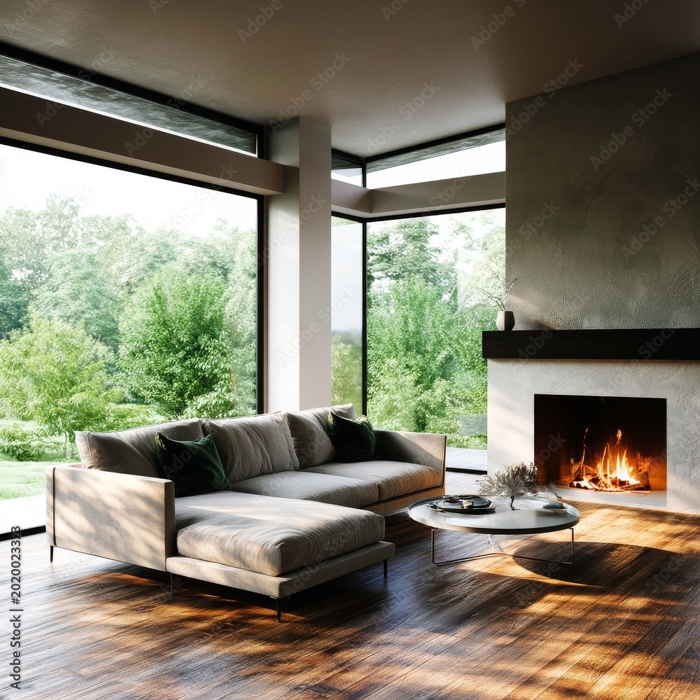 Fototapeta premium Modern Living Room With Large Windows and a Cozy Fireplace in a Green Natural Setting