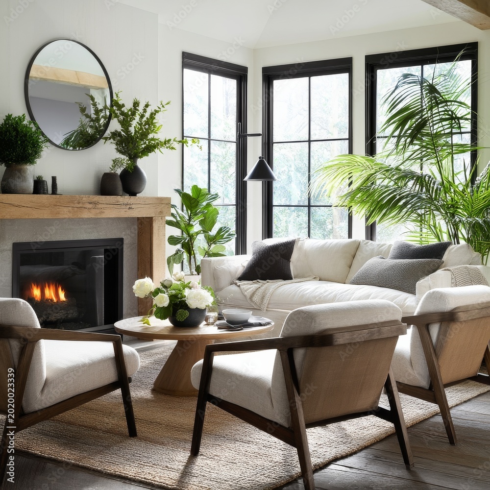Fototapeta premium Cozy Living Room Setup With Plants and a Fireplace During the Day