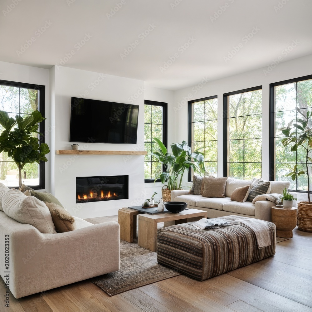 Naklejka premium Cozy Living Room Setup With Plants and a Fireplace During the Day
