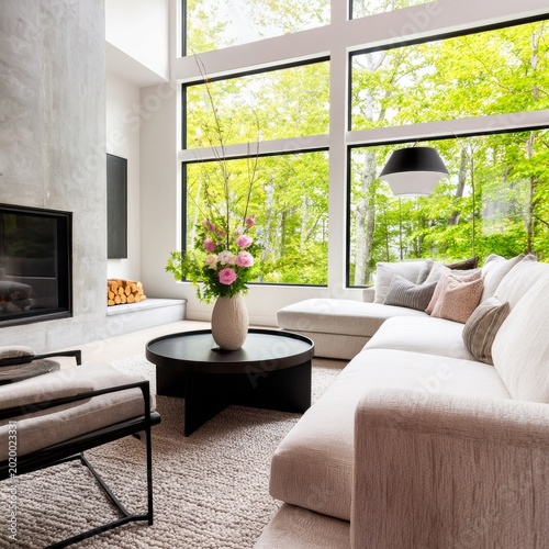 Cozy Living Room With Large Windows, Stone Fireplace, and Modern Furniture in...
