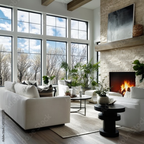 Cozy Living Room With Large Windows and Fireplace in a Modern Home