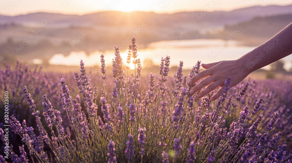Αυτοκόλλητο A gentle hand reaching out to touch aromatic lavender flowers in a vast field during a beautiful sunset