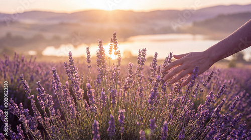 Foto A gentle hand reaching out to touch aromatic lavender flowers in a vast field during a beautiful sunset