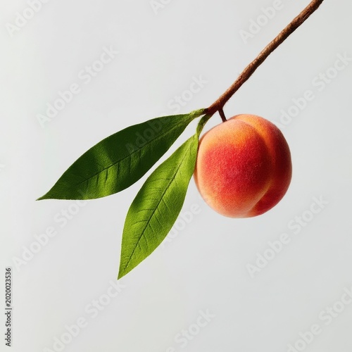 Peach Hanging From Branch With Green Leaves on Plain Background
