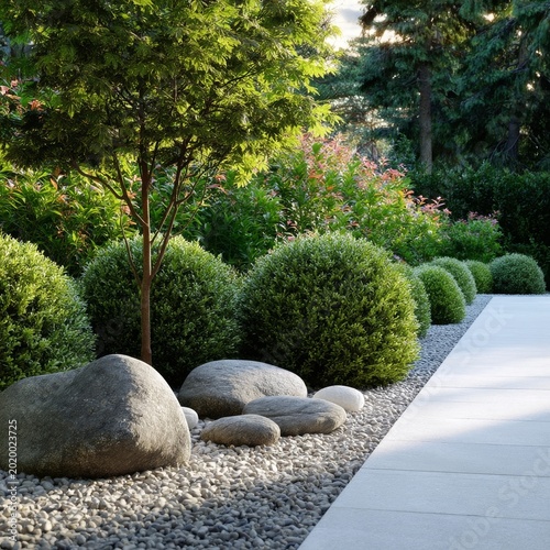 Landscaped Garden With Greenery and Stones in Bright Daylight Near Modern Bui...