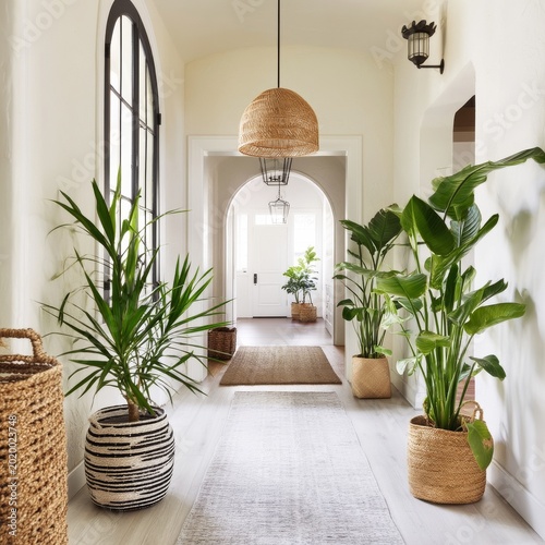 Bright Hall With Plants and Decorative Pots in a Modern Space With Arches and...