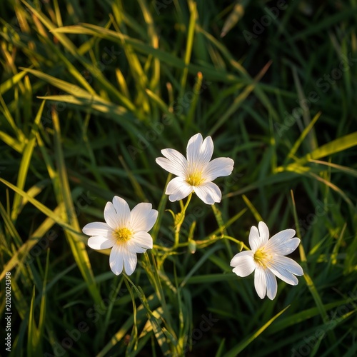 Three White Flowers Bloom on Green Grass Under Bright Sunlight in a Garden Se...