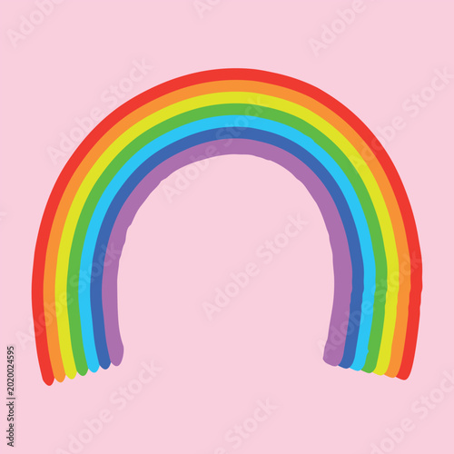 Bright hand-drawn doodle rainbow vector illustration isolated on soft pink background