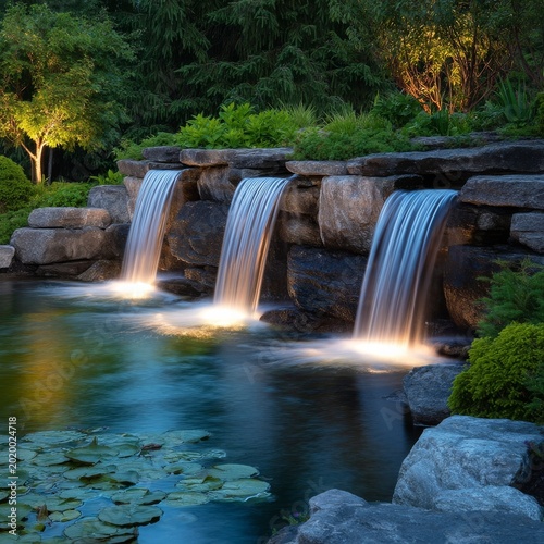 Waterfall at a Garden in the Evening With Lights and Surrounding Trees Near a...