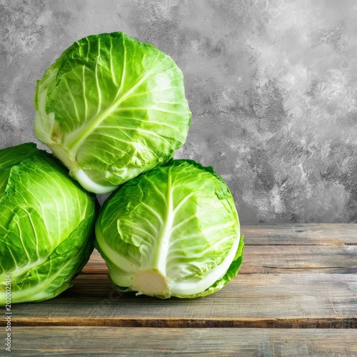Fresh Green Cabbage Stacked in a Grocery Store on a Wooden Table During Daylight