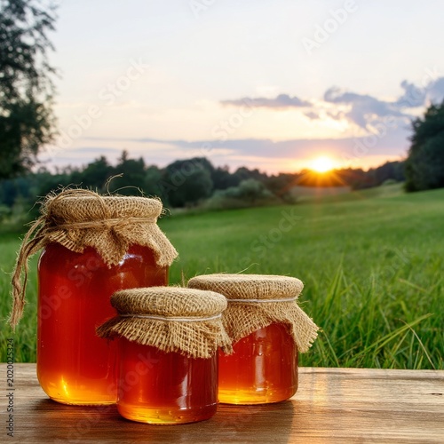 Jars of Honey on a Wooden Table at Sunset in a Green Field