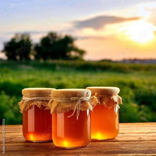 Jars of Honey on a Wooden Table at Sunset in a Green Field
