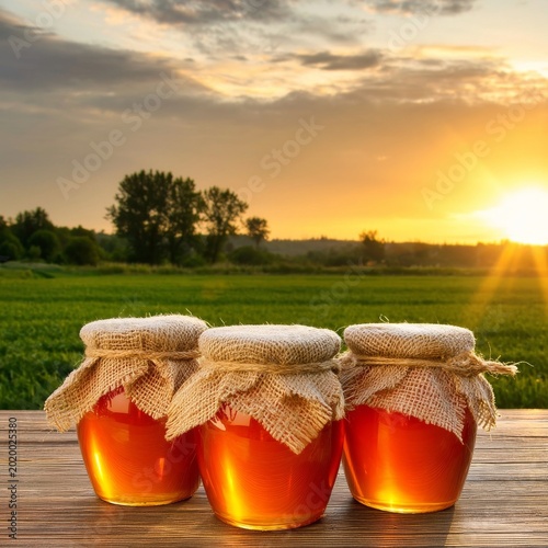 Jars of Honey Sit on a Wooden Table With a Sunset Over Green Fields in the Ba...
