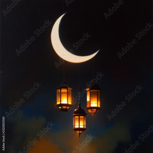 Lights Hang in the Dark With a Crescent Moon Above in a Nighttime Setting