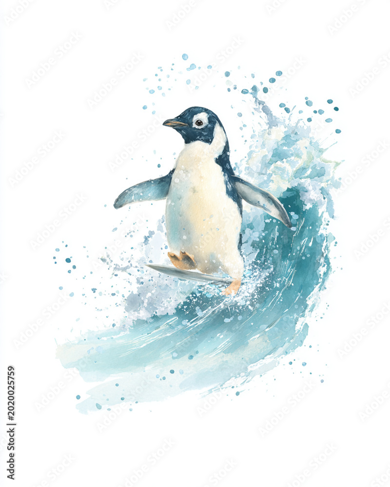 Obraz premium Watercolor Illustration of Penguin Surfing a Wave in Ocean Adventure Scene with Splash Effects