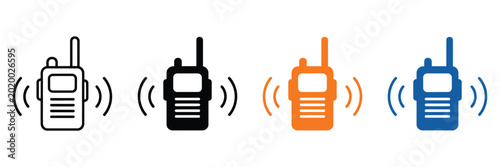 Walkie talkie radio communication icon set portable wireless transceiver device symbols handheld transmitter receiver for telecommunication security vector illustration, minimal line and solid style, 