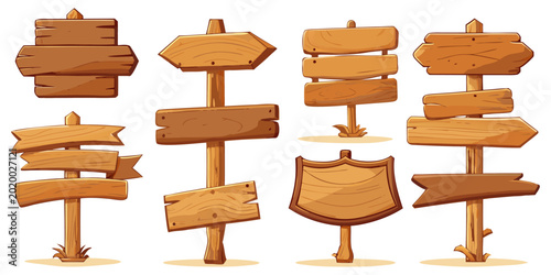 A collection of cartoon wooden signposts and directional arrow boards with a rustic timber texture, perfect for game roadmaps and navigation UI elements.
