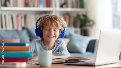 Smiling boy enjoying online education at home with books and a laptop