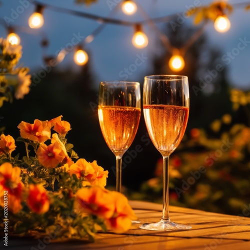 Two Glasses of White Wine on a Wooden Table With Flowers and Lights at Sunset...