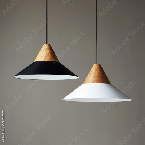 Unique Pendant Lamps in Black and White With Wooden Details in a Simple Space