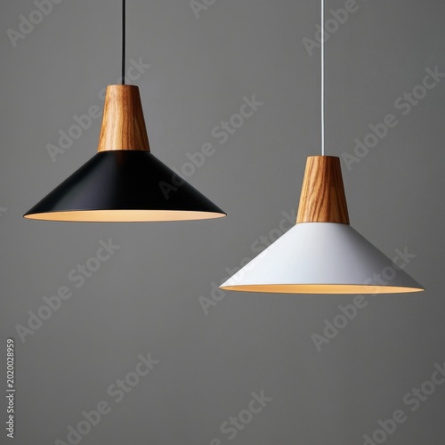 Modern Cone-Shaped Lamps Hang Above a Wooden Table in a Simple Indoor Setting