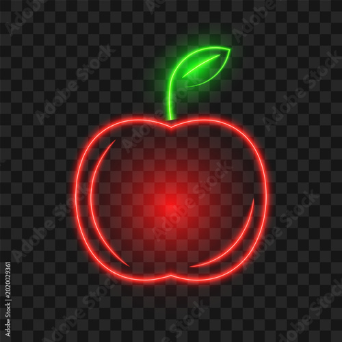 Red neon apple with green leaf, isolated vector illustration.