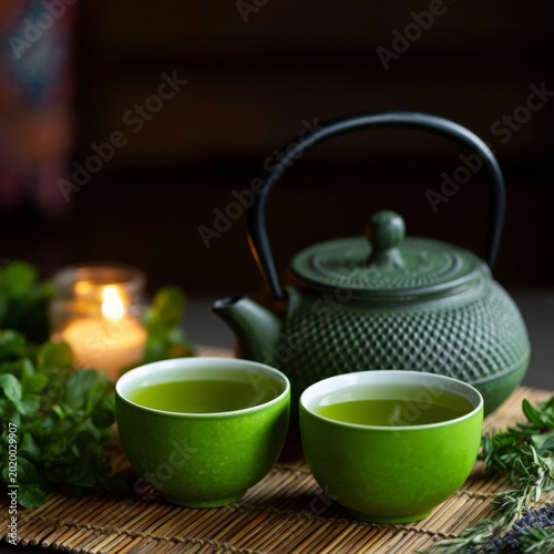 Mint Tea Preparation With Teapot and Candles on Wooden Table in Evening Setting