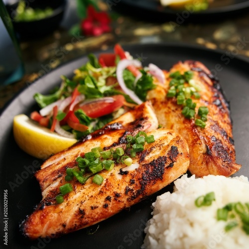 Delicious Grilled Fish With Rice and Fresh Salad Served on a Black Plate at a...