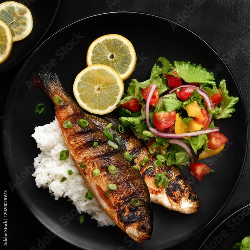 Grilled Fish Served With Rice and Salad on a Black Plate With Lemon Slices