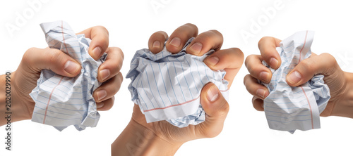Three hands squeezing crumpled lined paper sheets on white background symbolizing frustration, stress relief, anger management and creative block

