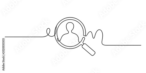 Foto Single line drawing of a person silhouette inside a magnifying glass, representi