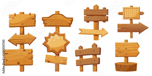A collection of various blank cartoon wooden signposts, directional pointers, and rustic fence boards isolated on a white background.
