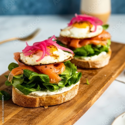 Delicious Open-Faced Sandwiches Served on Wooden Board With Fresh Ingredients