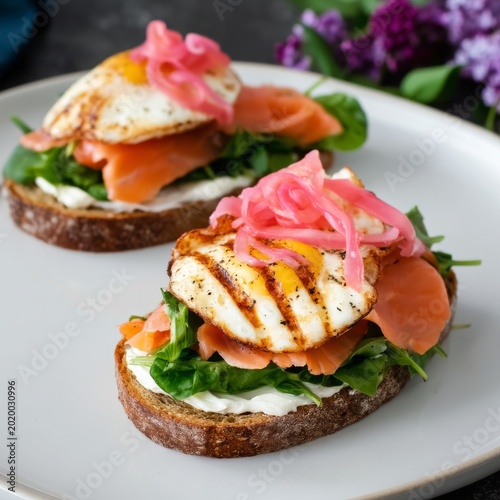 Delicious Open-Faced Sandwiches Served on Wooden Board With Fresh Ingredients