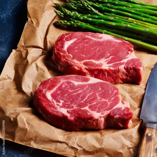 Fresh Cuts of Meat and Asparagus on Brown Paper in a Kitchen Setting