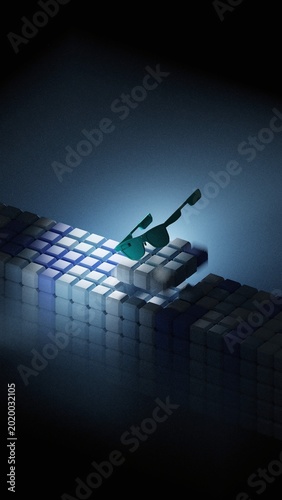 Teal translucent ar glasses lying flat on glowing blue illuminated cube grid 
at boundary of dark blocks on reflective surface with deep blue background copy space