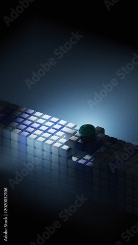 3d brain model sitting on edge of glowing blue illuminated cube grid on dark reflective surface with deep blue background