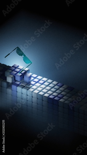 Teal translucent ar glasses standing on edge of glowing blue illuminated cube grid 
on dark reflective surface with deep blue background copy space