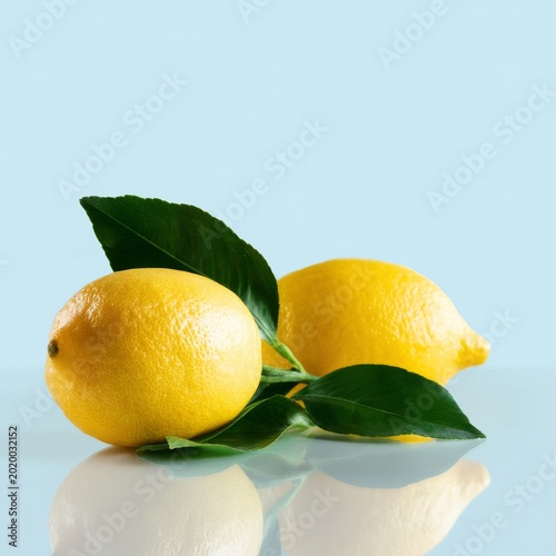 Fresh Lemons With Green Leaves on a Light Blue Background Ready for Use in Co...