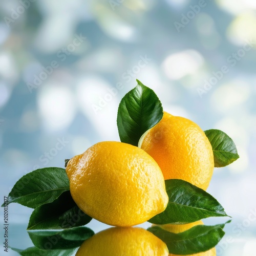 Fresh Lemons With Green Leaves on a Light Blue Background Ready for Use in Co...