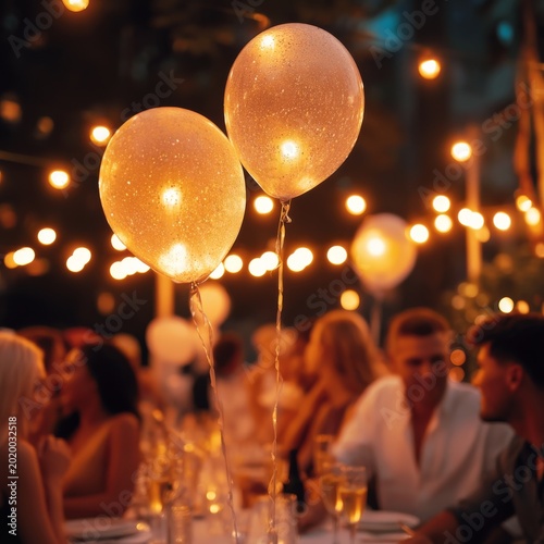 Celebration With Balloons and String Lights at Outdoor Dinner in the Evening