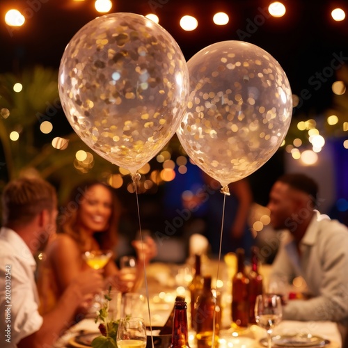 Celebration With Balloons and String Lights at Outdoor Dinner in the Evening